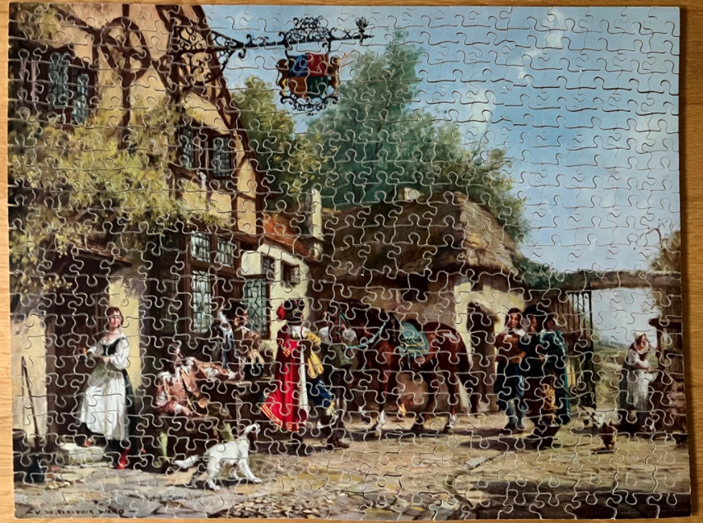 An 18th-century style tavern scene with figures and a horse on a cobblestone courtyard.