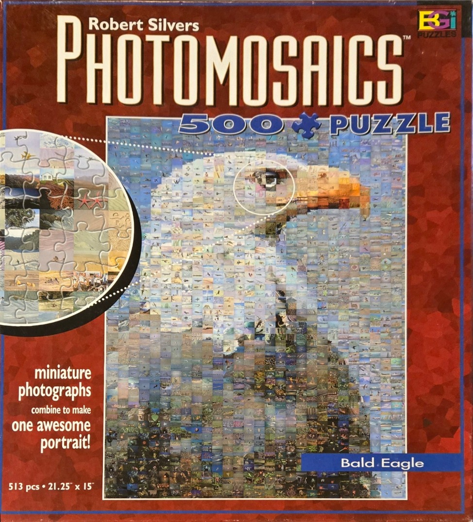 A photomosaic of a bald eagle head composed of hundreds of small, individual miniature photographs.