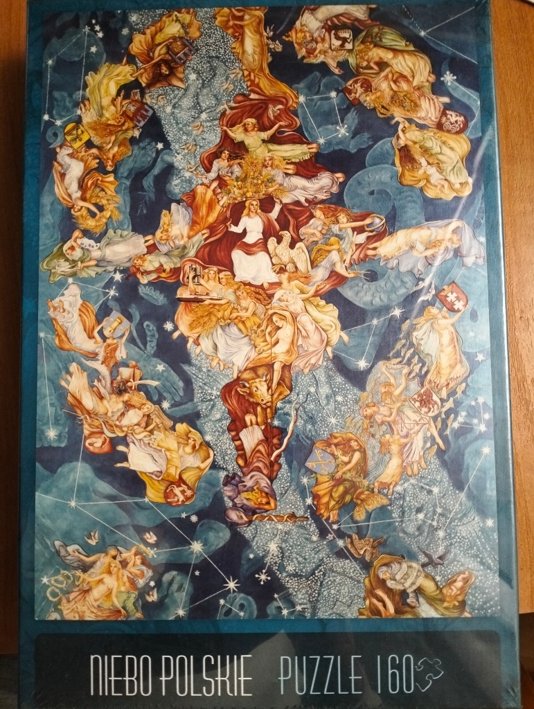 Allegorical illustration of Polish constellations and figures against a deep blue starry sky.