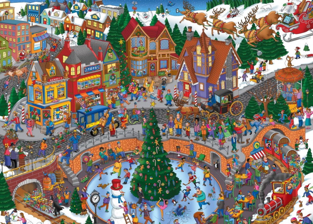 A bustling, illustrated Christmas town square featuring an ice skating rink, holiday shops, and flying reindeer.