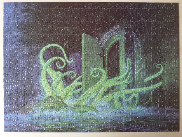 Illustration of glowing green tendrils emerging from a dark stone portal in a moody, forested setting.
