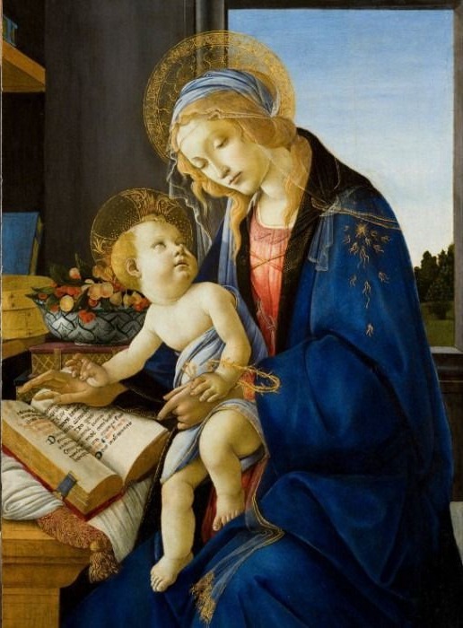 A classical painting of a mother and child with halos, the mother in a blue robe reading a book to the infant.