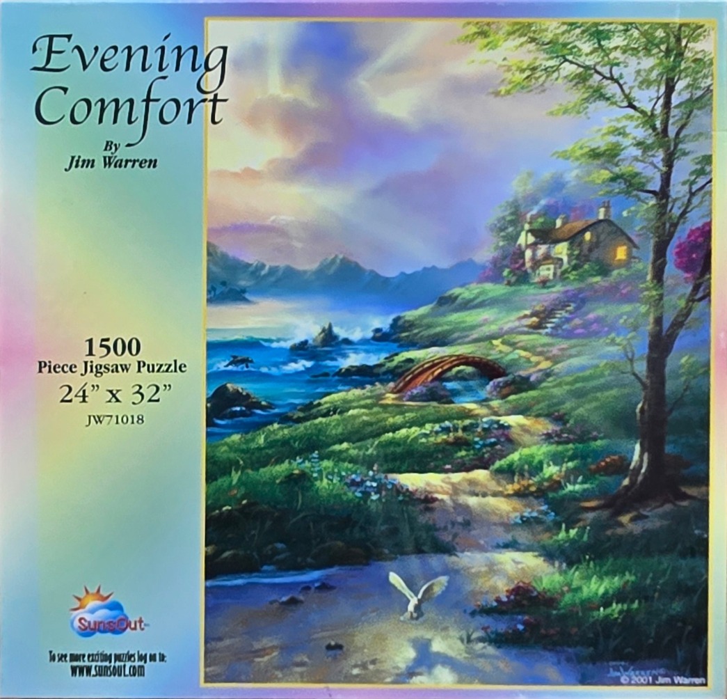 An idyllic coastal landscape painting featuring a cozy cottage, a wooden bridge, and a white dove flying over a path.