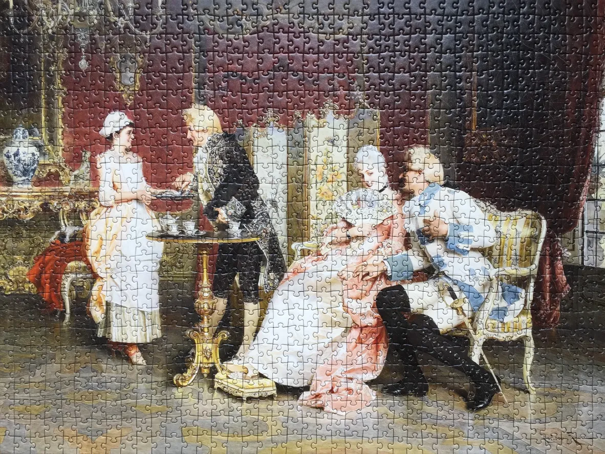 A rococo style painting of a couple with a servant in an ornate 18th-century interior.