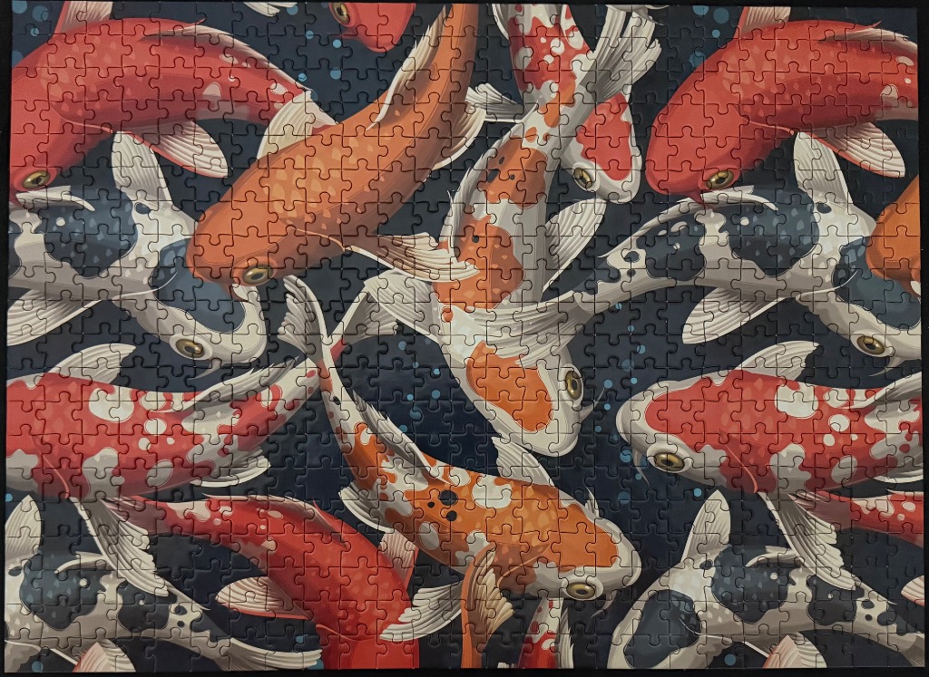 An illustration of multiple koi fish swimming in a dense pattern against a dark blue background.
