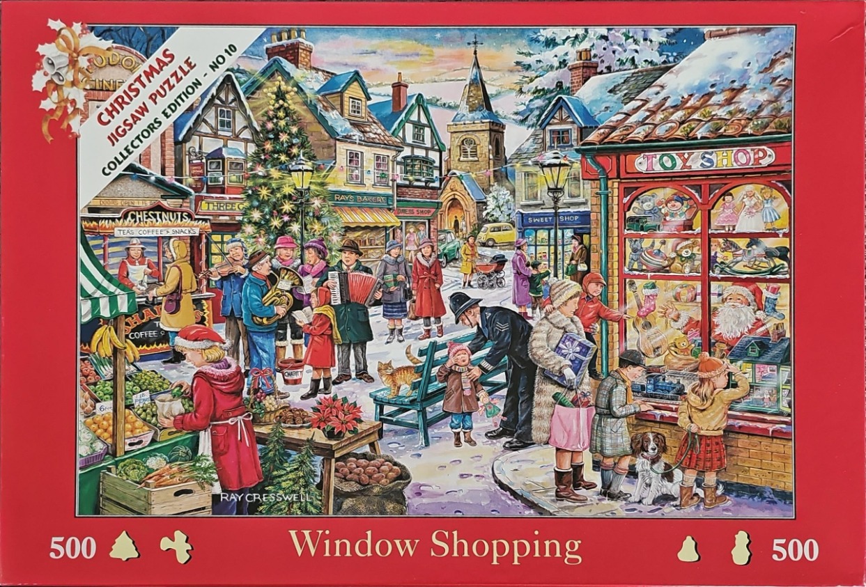 A cozy winter village street scene featuring a toy shop, carolers, and people shopping for Christmas in a detailed painting.