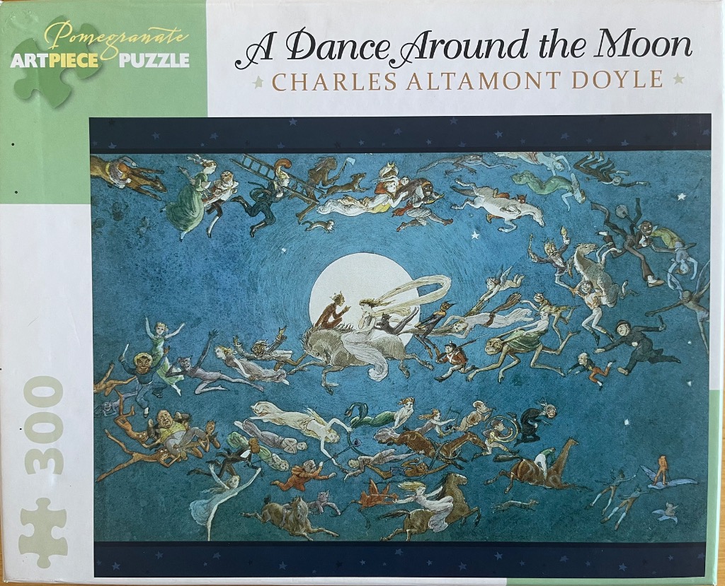 A whimsical illustration of fairy-tale creatures and figures flying through a night sky around a large moon.