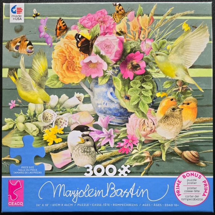 A lush botanical illustration featuring a blue pitcher, vibrant flowers, butterflies, and several small birds.