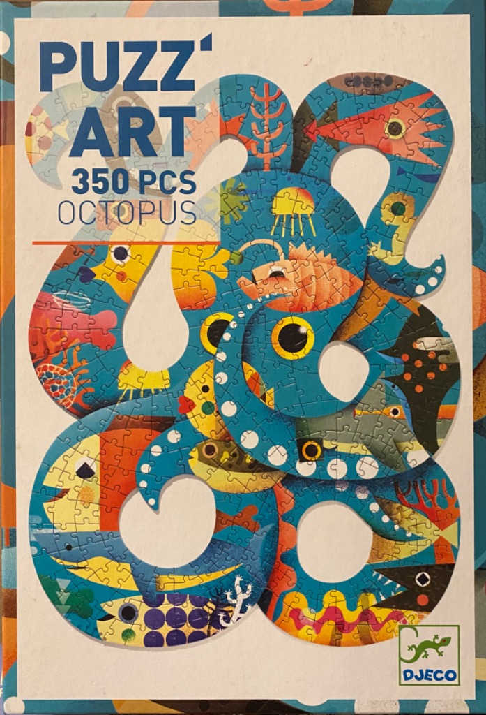 An illustration of an octopus with tentacles filled with small fish, coral, and underwater patterns in vibrant colors.