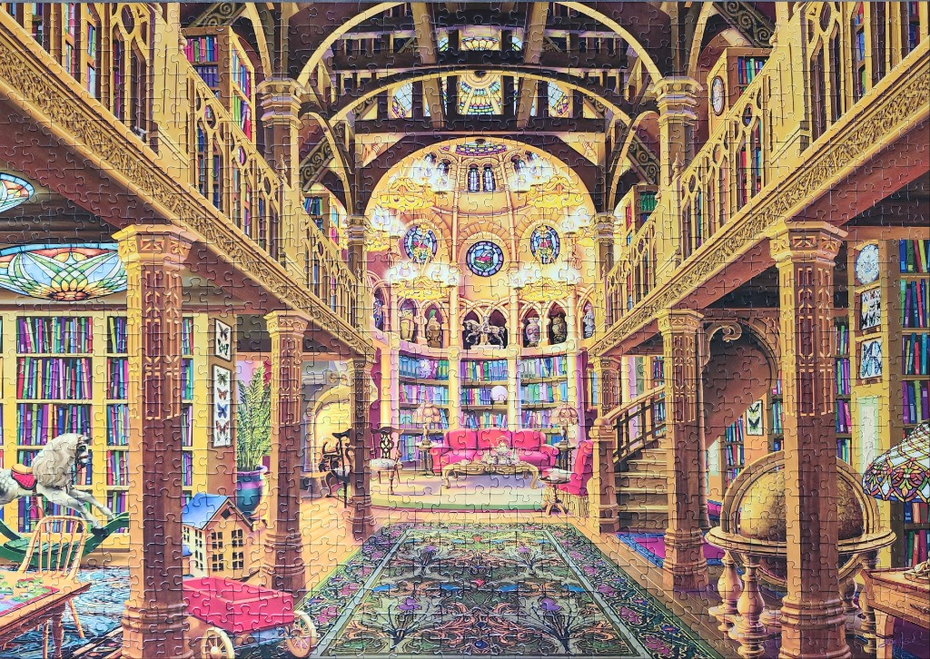 A whimsical illustration of a multi-level Victorian-style library with stained glass windows and ornate wooden pillars.