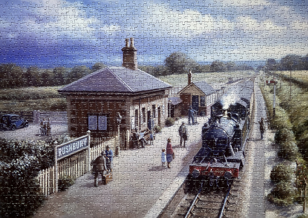 A nostalgic painting of a steam train at the Rushbury station platform with passengers boarding.