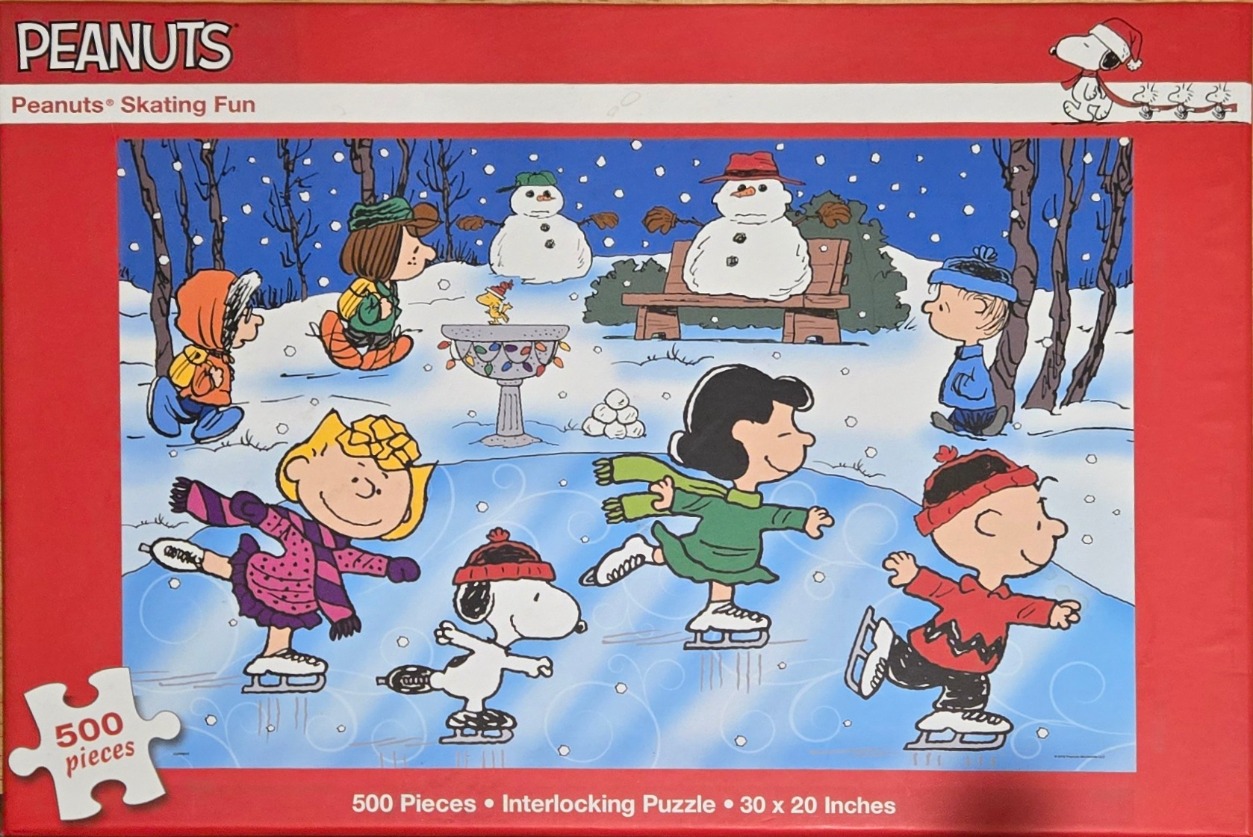 Illustration of the Peanuts characters ice skating in a snowy park with a snowman.