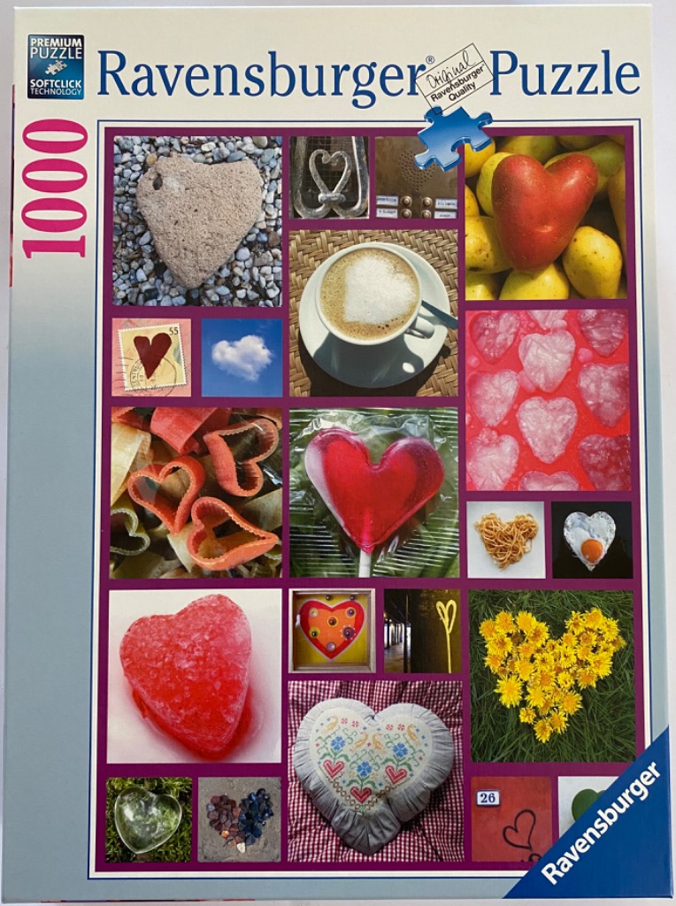 A collage of 20 photographs featuring various heart-shaped objects and patterns.
