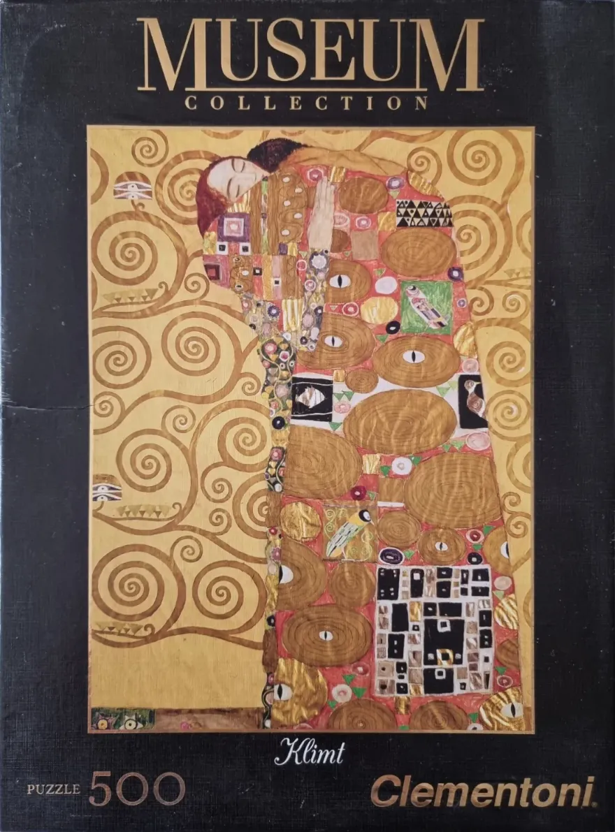 Gustav Klimt's The Kiss featuring a couple embracing against a gold background with geometric patterns.