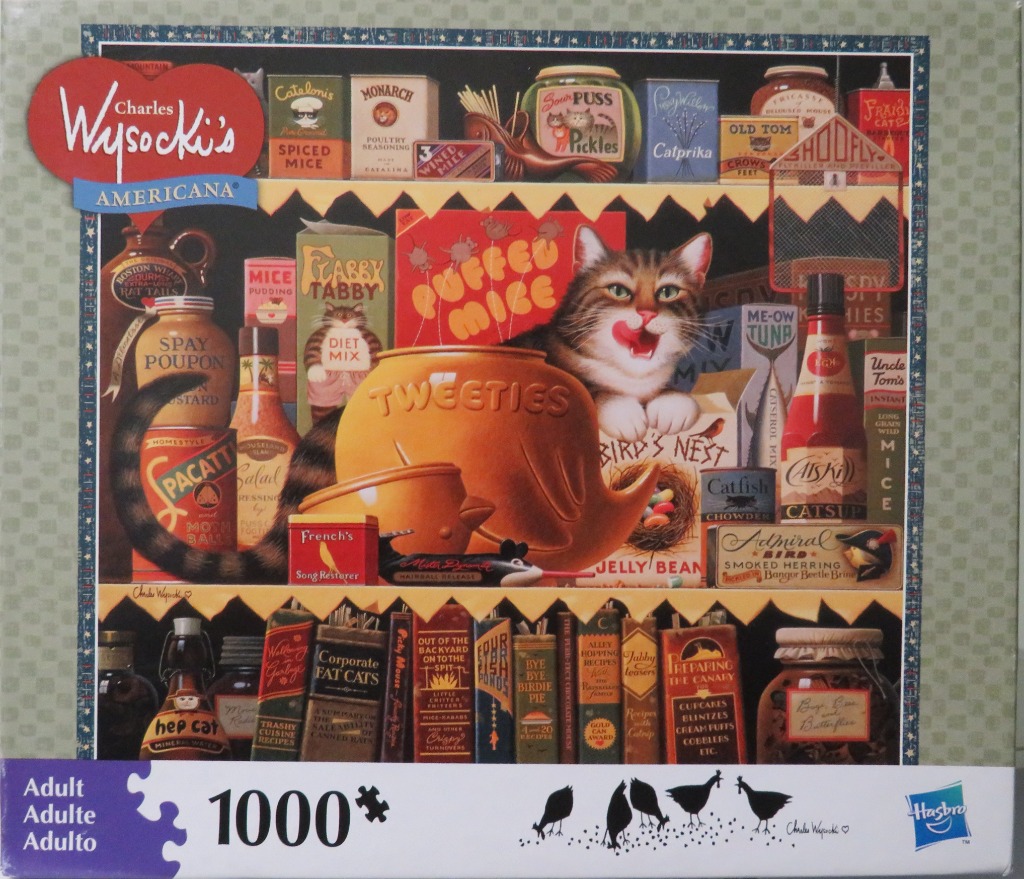 Illustration of a tabby cat peering over kitchen pantry shelves filled with whimsical, cat-themed food products.