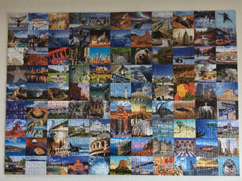 A grid-style collage of many diverse American landmarks and natural sites.