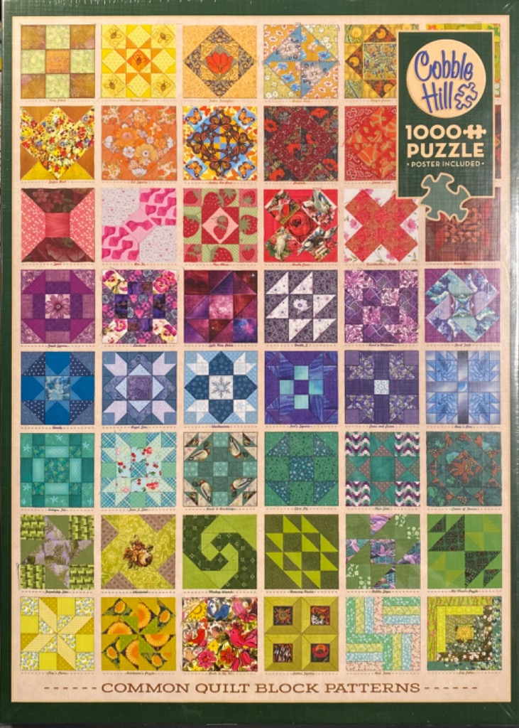 A grid of 42 colorful, diverse quilt block patterns with unique geometric designs and motifs.