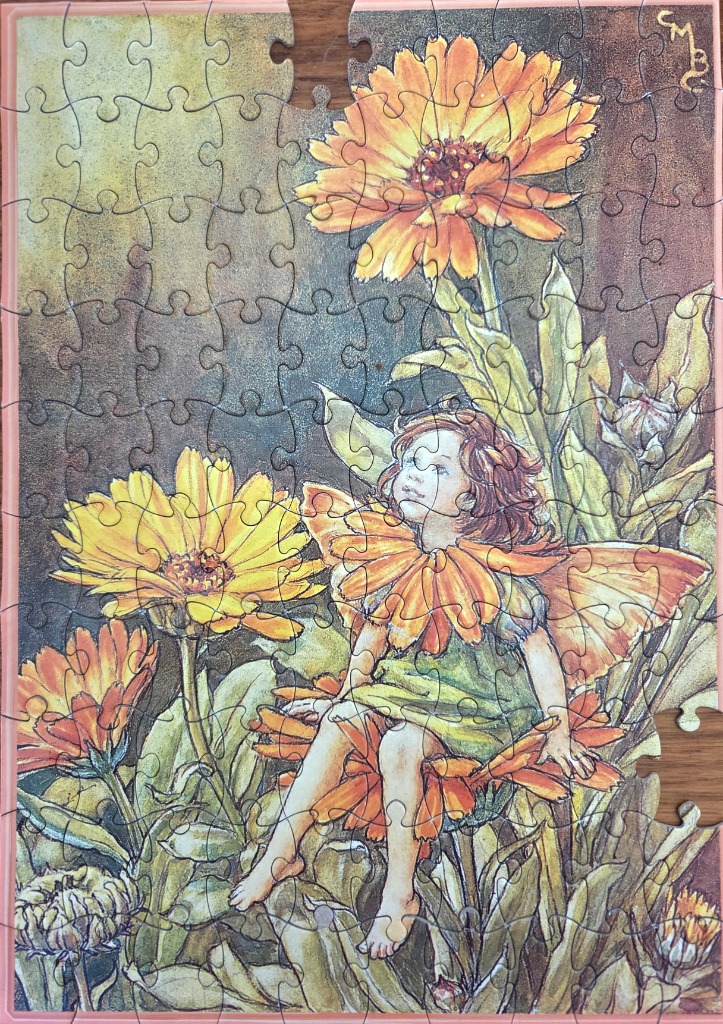A whimsical illustration of a small fairy perched among vibrant orange calendula flowers against a moody dark background.