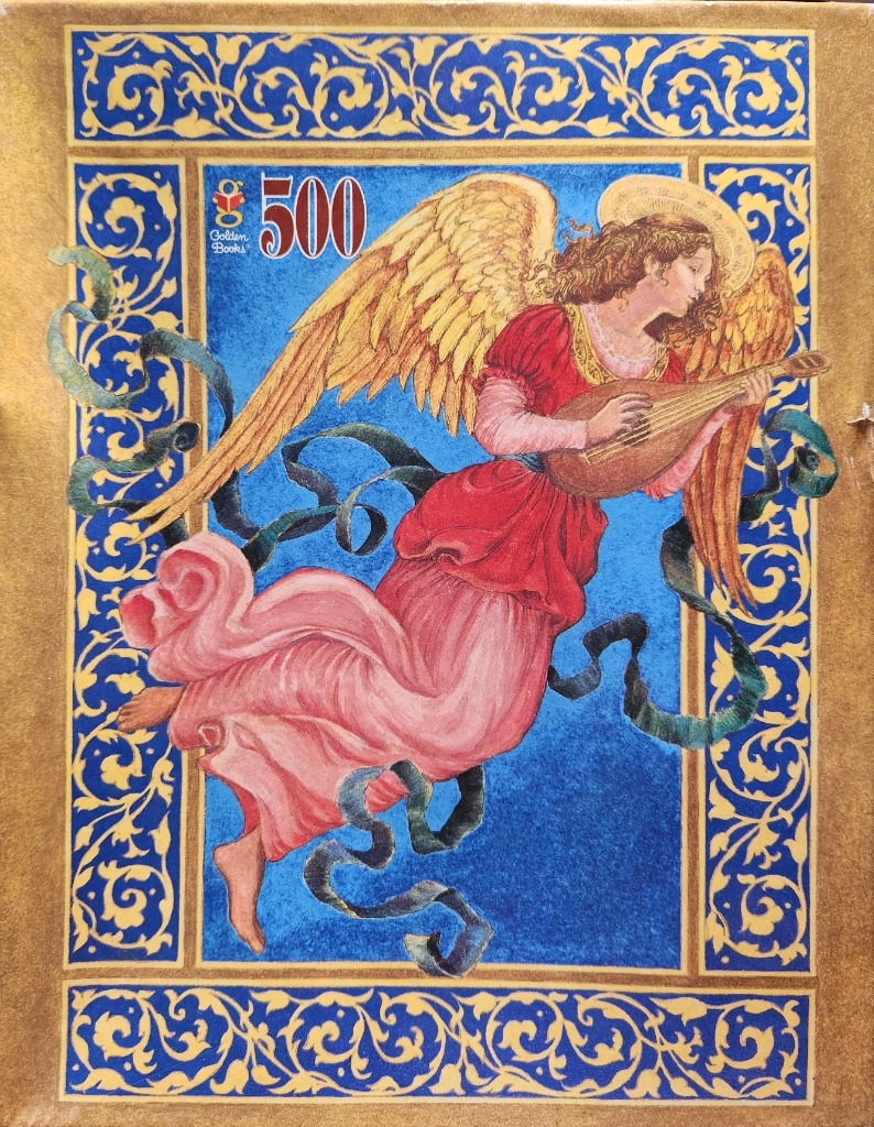 An illustration of an angel playing a lute against a blue background with an ornate gold border.