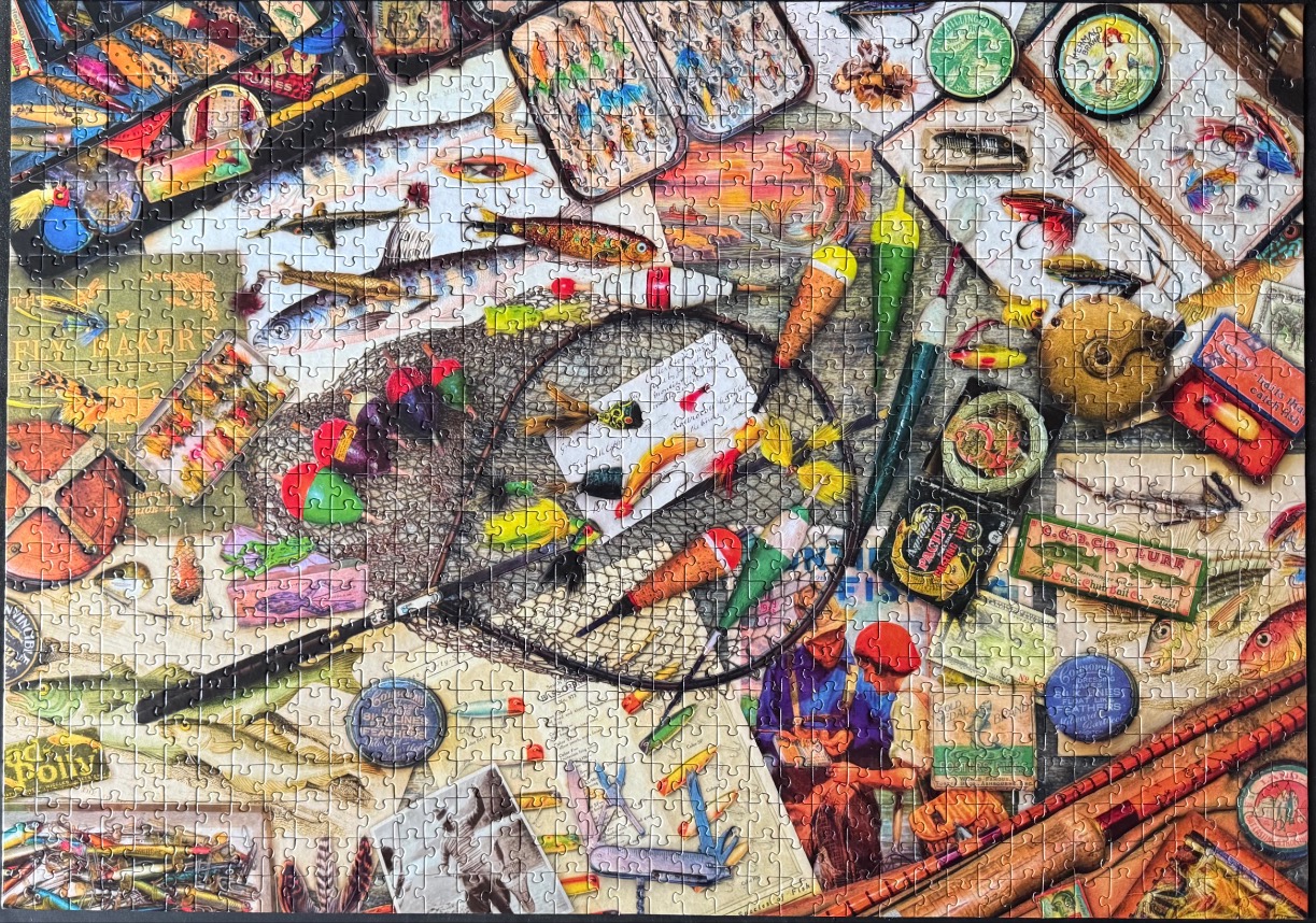 A cluttered vintage-style collage of fishing gear including lures, flies, floats, nets, and old advertisements.