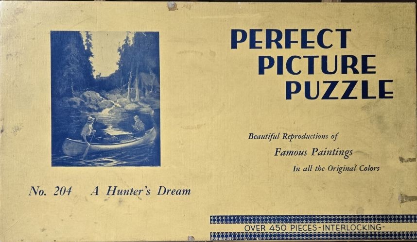 A blue monochromatic illustration of a canoe on a river near a forest, titled A Hunter's Dream.