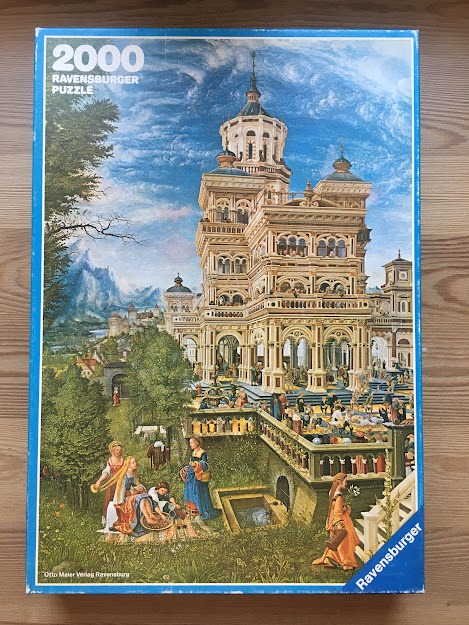 A detailed Renaissance-style painting of a grand palace with figures in the foreground.