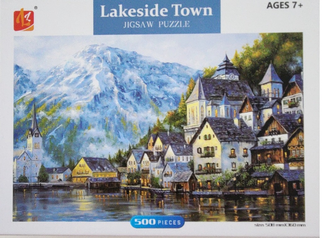 An oil painting of a European-style village nestled at the base of snow-capped mountains beside a lake.