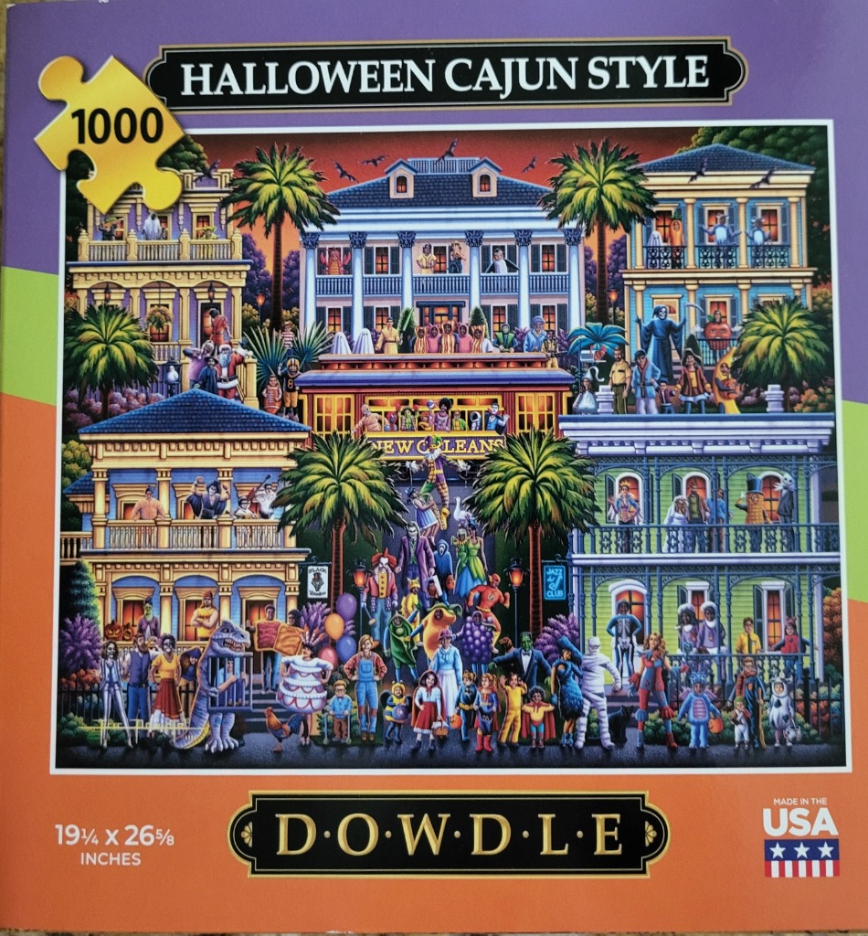 Folk art illustration of a New Orleans street scene at Halloween with costumed people, historic balconies, and palm trees.