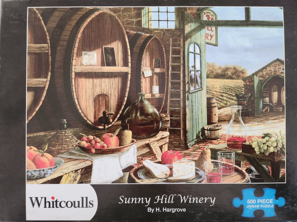 An illustration of a rustic winery cellar with oak barrels, fresh fruit, cheese, and wine glasses.