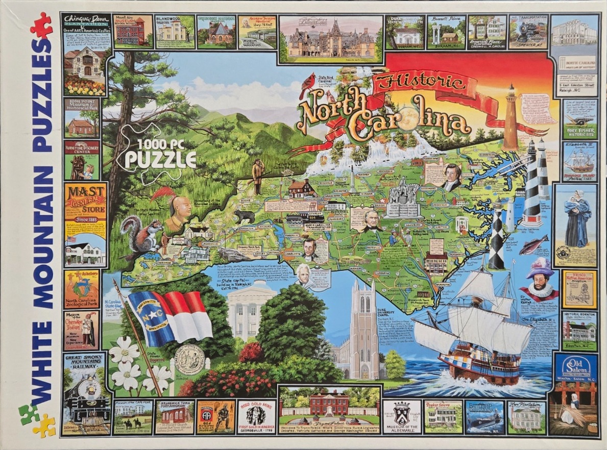 An illustrated map of North Carolina featuring landmarks, historical figures, and nature scenes.