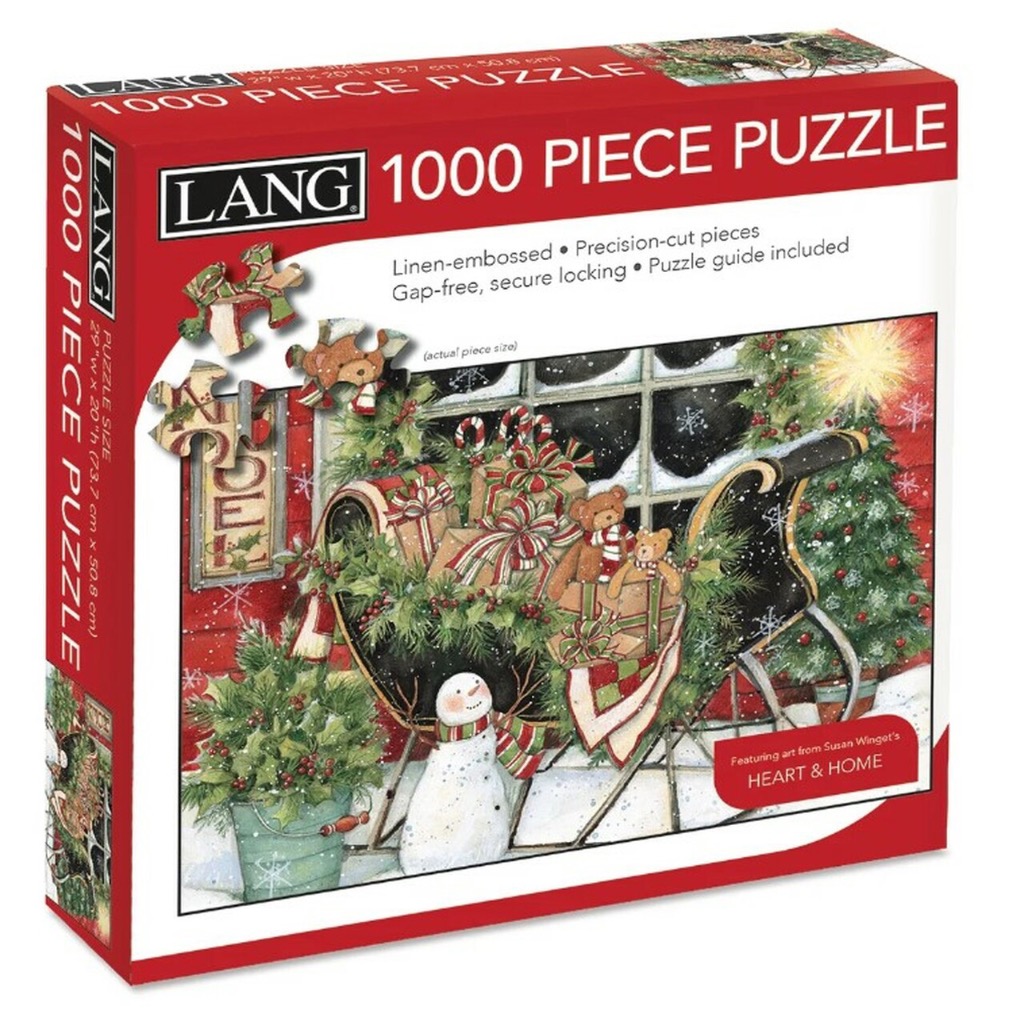 Illustration of a black sleigh filled with Christmas gifts, teddy bears, and a snowman in front of a red building.