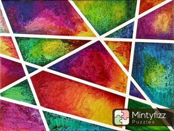 Abstract painting of geometric shards filled with textured, vibrant watercolor gradients.