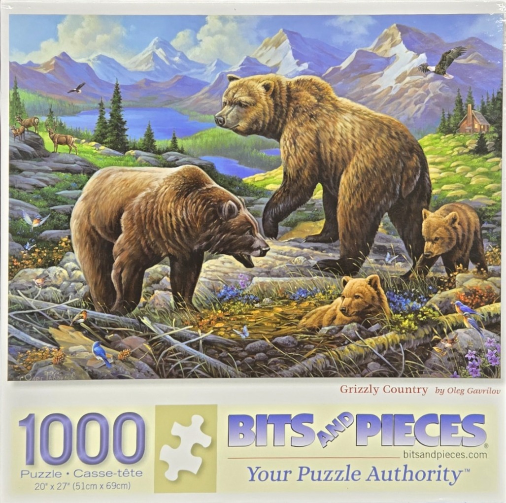 An illustration of a grizzly bear family in a mountainous wilderness with a lake and deer in the background.
