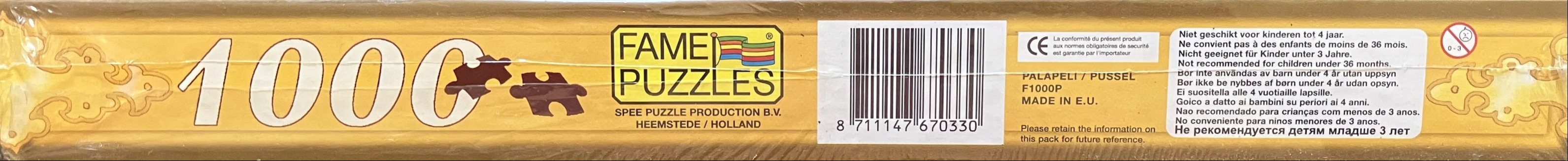 Gold-toned rectangular border featuring the number 1000 and safety text.