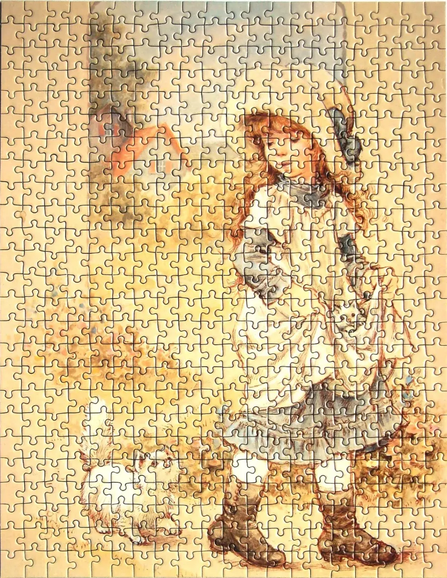 Vintage illustration of a young girl with long auburn hair wearing a sun hat and dress, accompanied by a small cat.