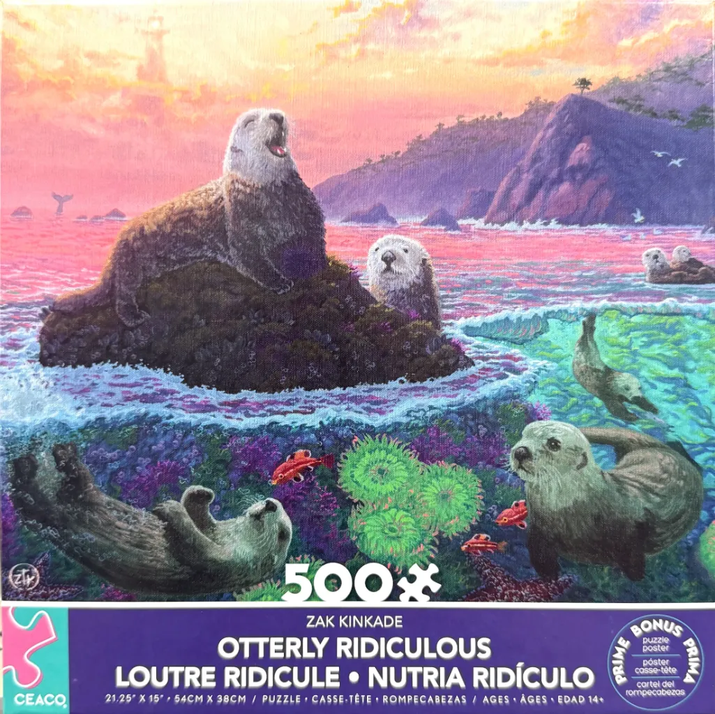 Sea otters swimming and resting on rocks in a coastal scene at sunset