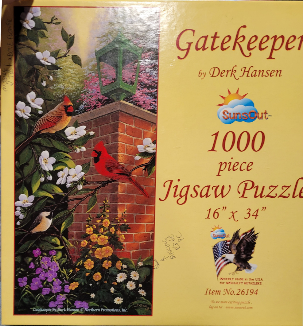 A nature painting featuring two cardinals, a chickadee, and white flowers near a brick gatepost with a green lantern.