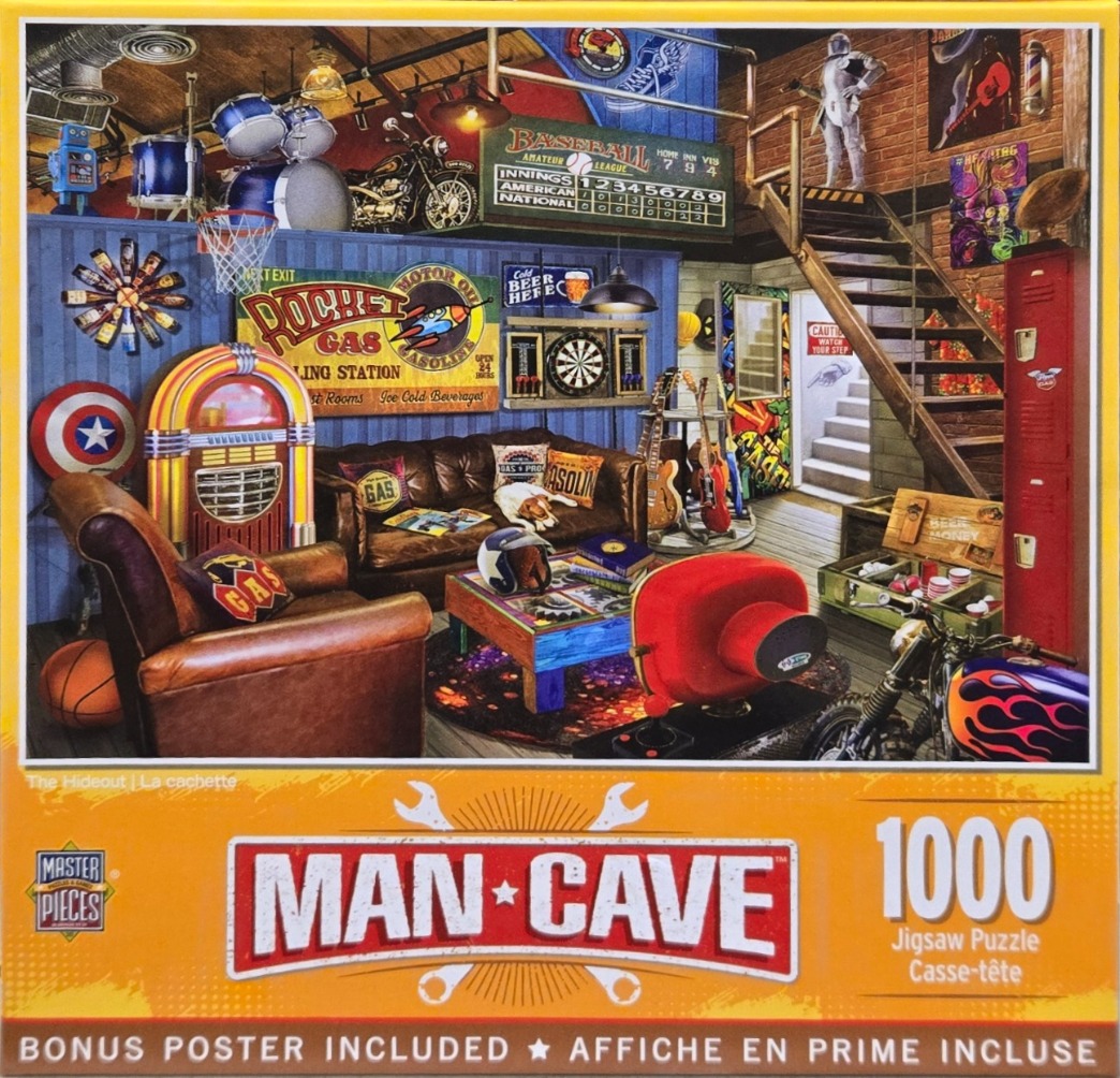 An illustration of a cluttered, retro-themed man cave with a jukebox, motorcycles, and vintage decor.
