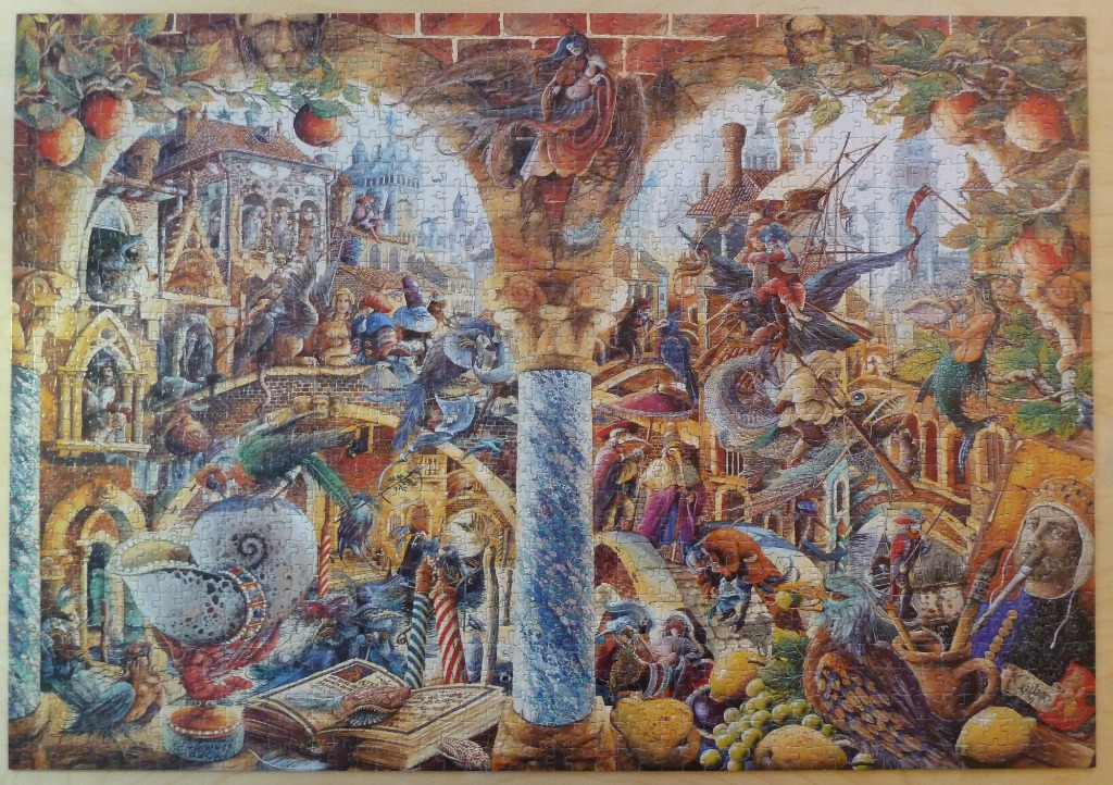 A surreal, detailed fantasy cityscape painting featuring mythical creatures, architecture, and a central marble column.