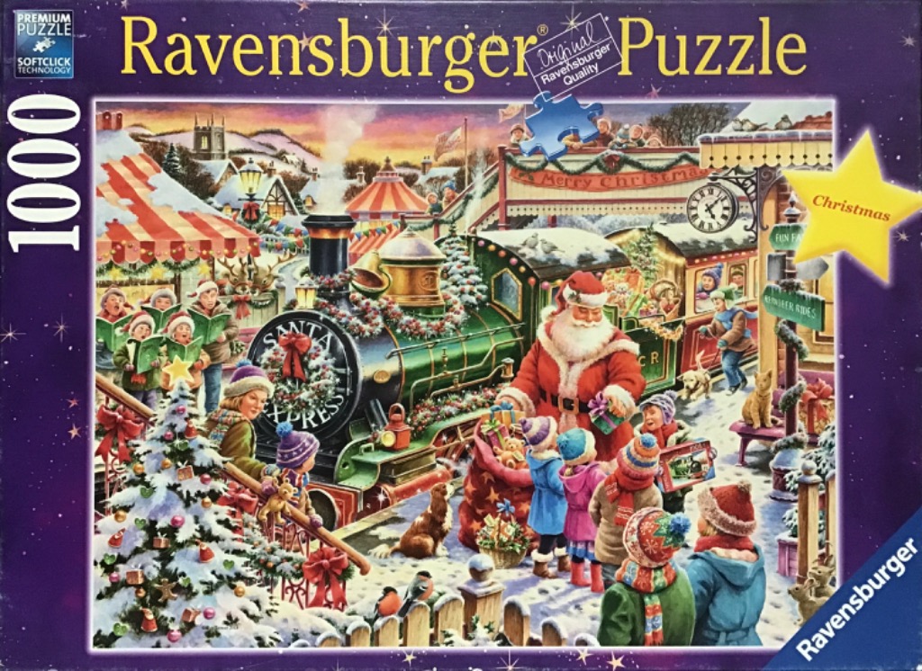 Illustration of Santa Claus giving gifts to children by a green steam train at a snowy Christmas fair.