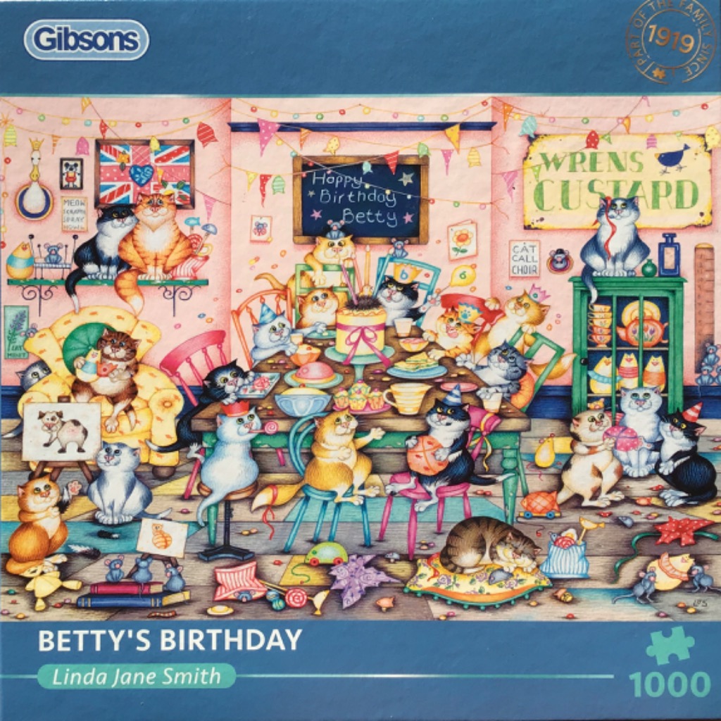 A whimsical illustration of many cats gathered for a birthday party.