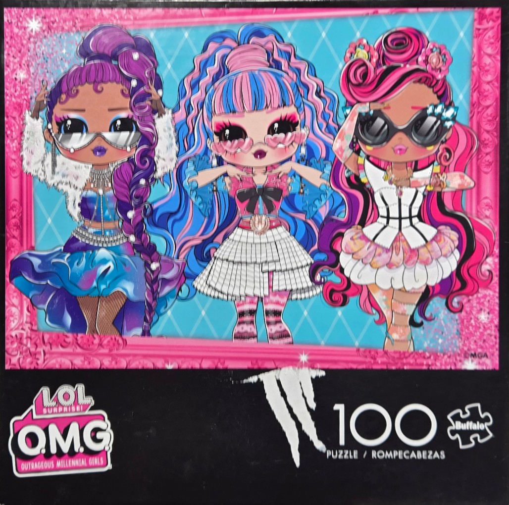 Three stylized cartoon fashion dolls with vibrant hair and elaborate outfits set against a blue diamond-patterned background.