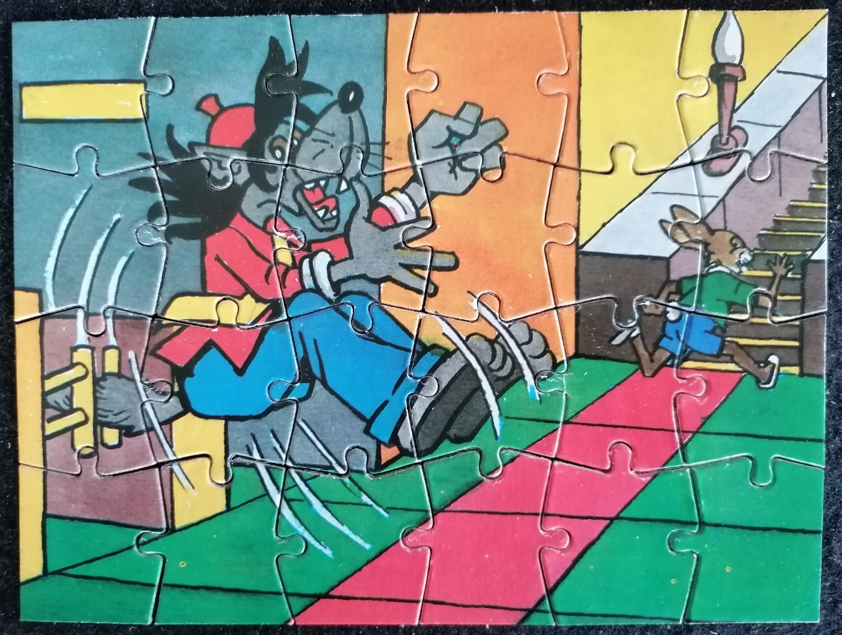 A cartoon wolf chasing a rabbit up a staircase.