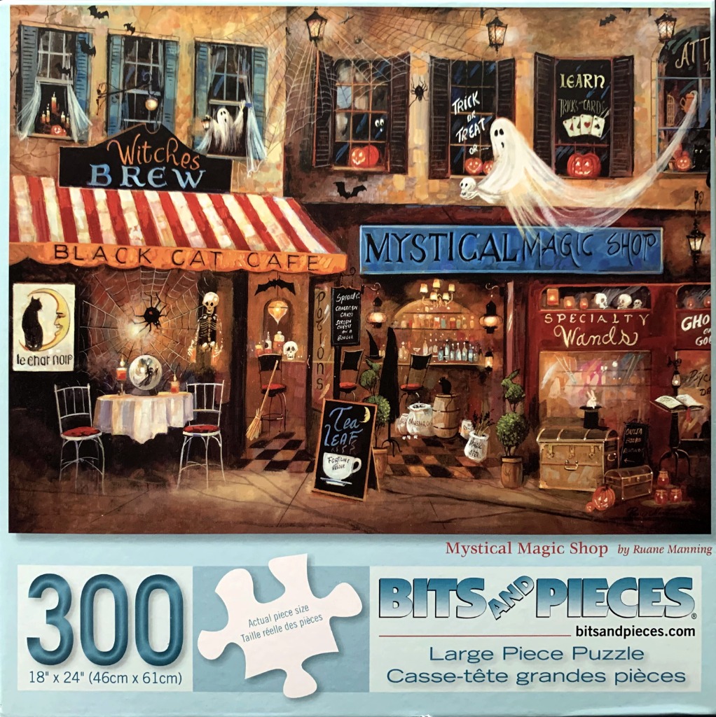 A whimsical illustration of a haunted city block featuring a Black Cat Cafe and Mystical Magic Shop at Halloween.