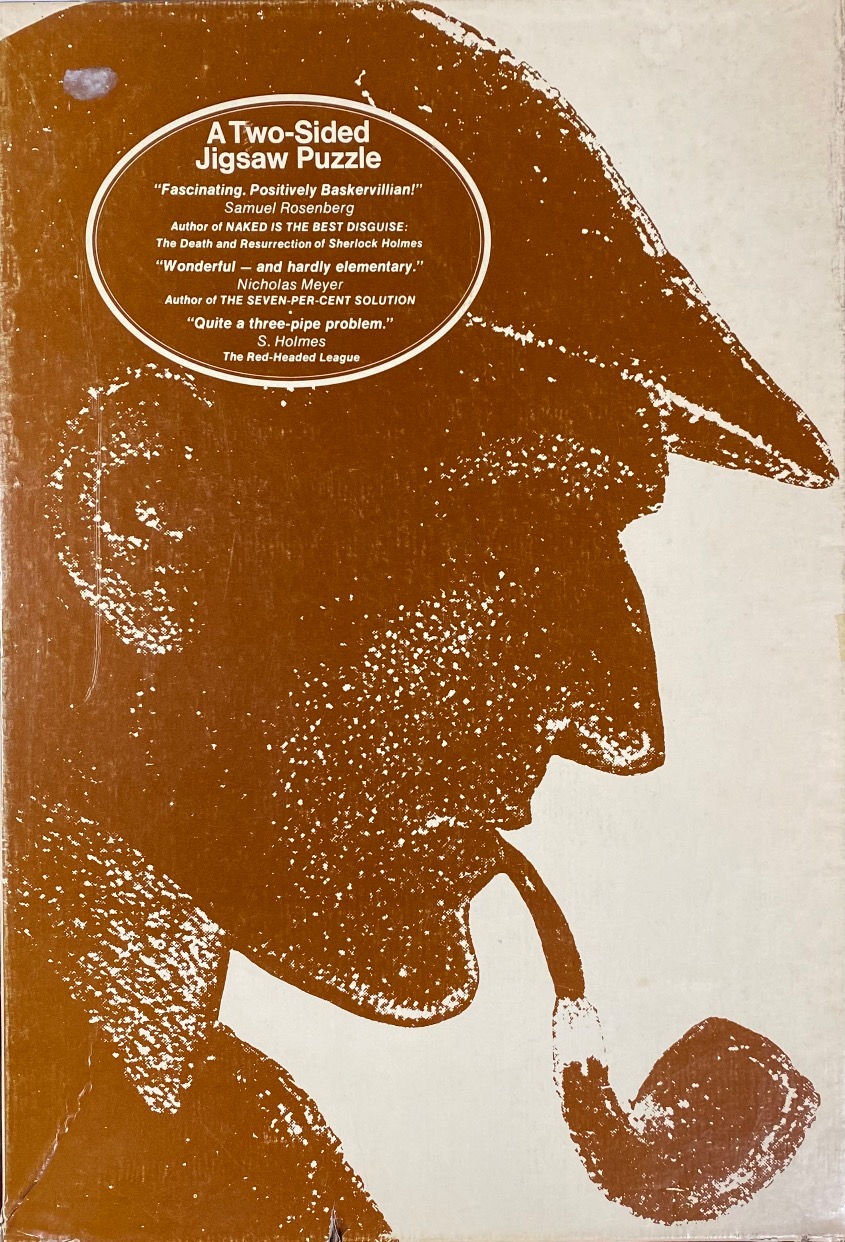A duotone brown and cream silhouette of Sherlock Holmes wearing a deerstalker cap and smoking a pipe.