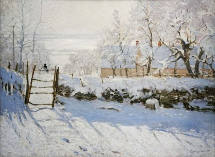 A lone magpie perched on a wooden gate in a tranquil, snow-covered winter landscape.