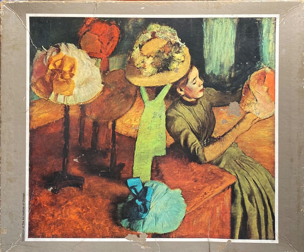 A painting of a woman in a millinery shop surrounded by hats on stands.
