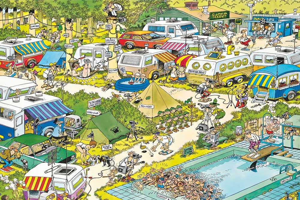 A chaotic, humorous cartoon scene of a crowded holiday campsite with people filming, relaxing, and swimming.