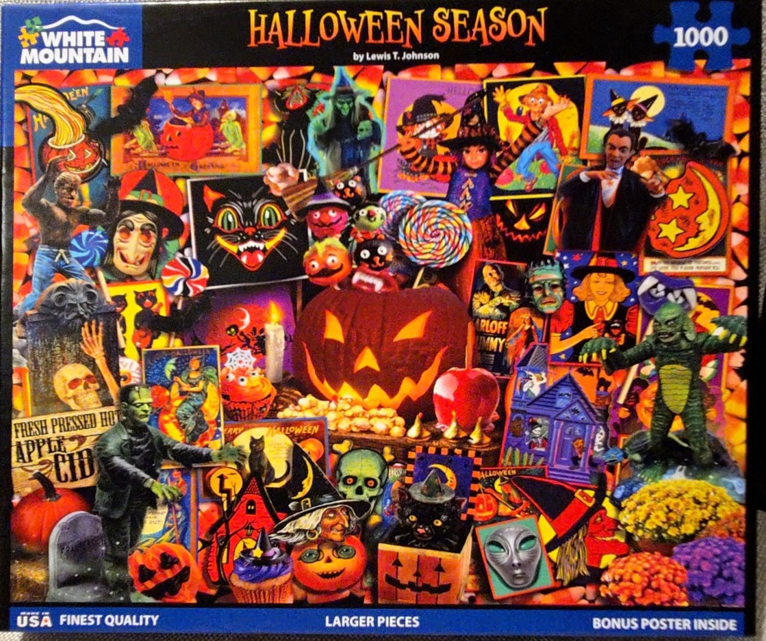 A collage of vintage Halloween decorations, spooky monsters, and iconic seasonal imagery in bright, festive colors.