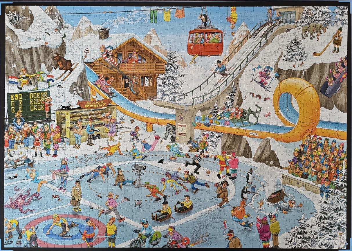 A busy cartoon illustration of a chaotic winter sports scene at a mountain resort.